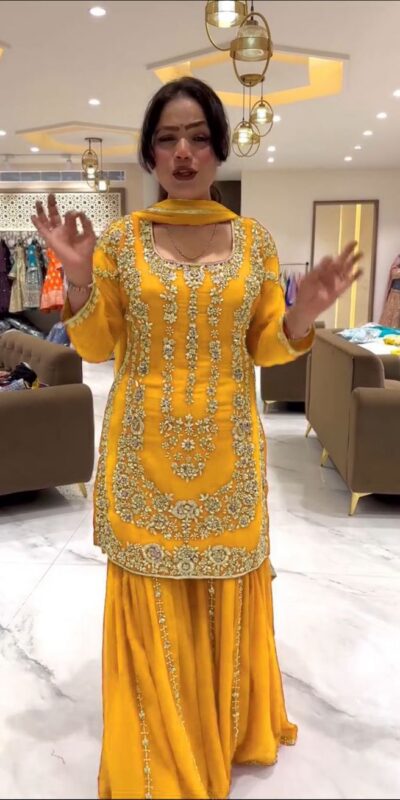 Yellow Faux Georgette Lace Work Salwar Suit