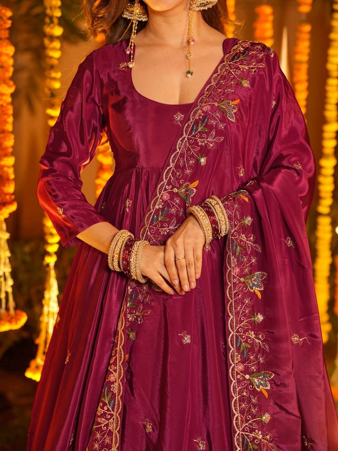 Rani Pink Crap Silk Thread Work Salwar Suit - Image 5