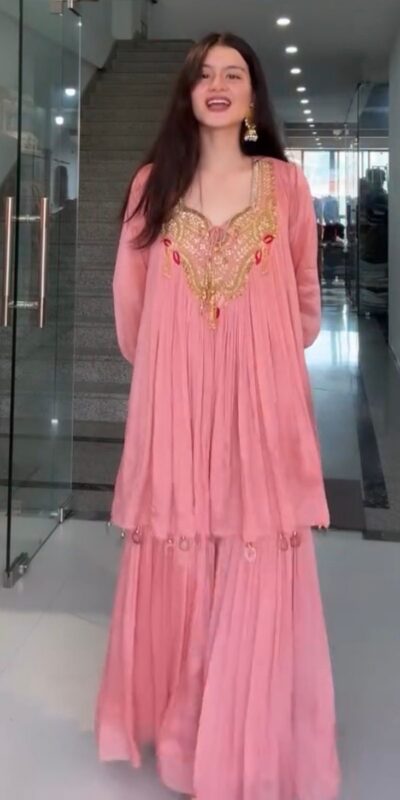 Peach Chinon Embroidery Lace Work Salwar Suit