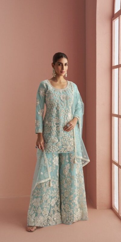 Sky Blue Heavy Net Sequence Work Salwar Suit