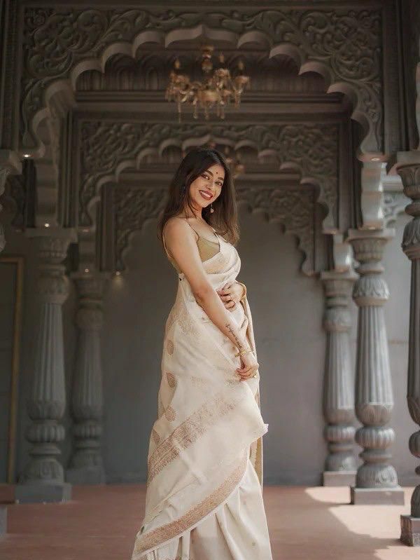 Off White Soft Lilan Slab Weaving Work Saree