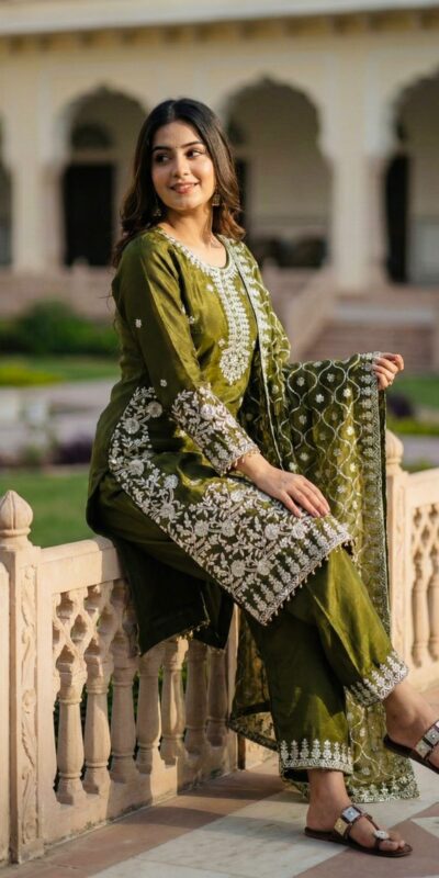 Mahendi Organza Silk Embroidery Lace Work Salwar Suit