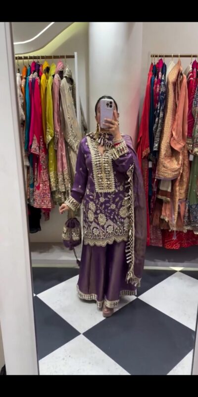Lavender Cosmos Mirror Embroidery Work Salwar Suit