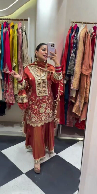 Orange Cosmos Mirror Embroidery Work Salwar Suit