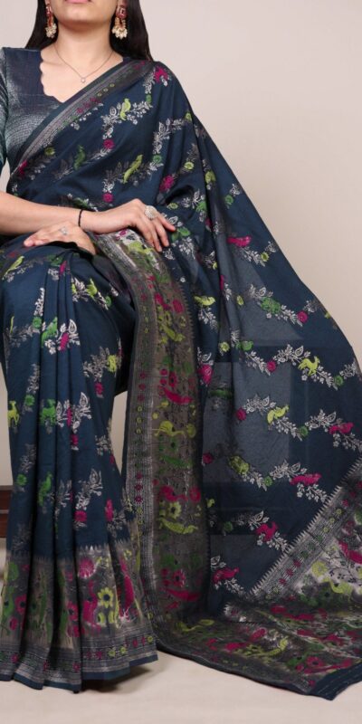 Navy Blue Nylon Weaving Work Saree