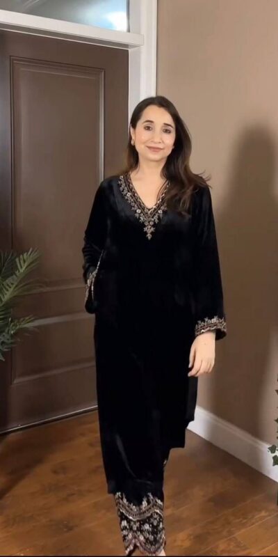 Black Viscose Velvet Thread Work Salwar Suit