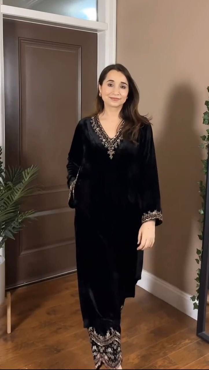 Black Viscose Velvet Thread Work Salwar Suit