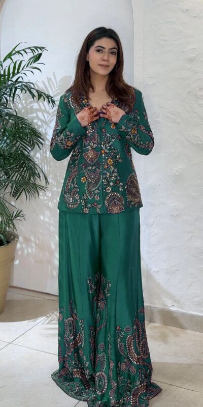 Green Chinon Sequence Work Salwar Suit