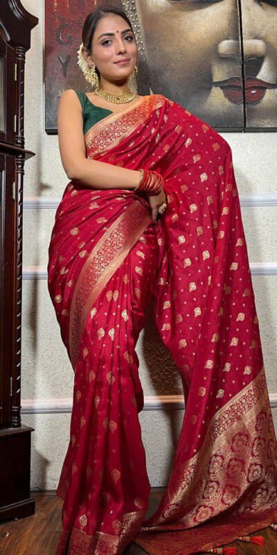 Red Soft Lichi Silk Border Jacquard Work Saree