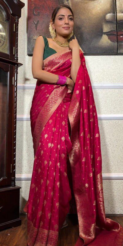 Pink Soft Lichi Silk Border Jacquard Work Saree