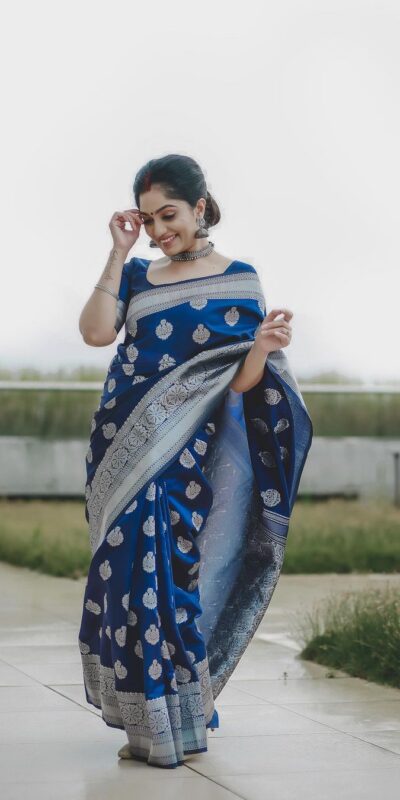Navy Blue Soft Lichi Silk Lace Border Work Saree