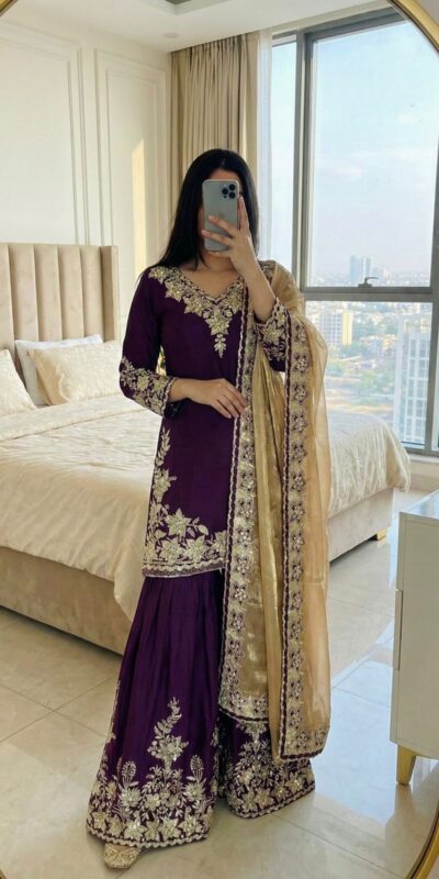 Purple Chinon Silk Lace Embroidery Work Salwar Suit