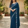 Teal Star Georgette Lace Embroidery Work Saree