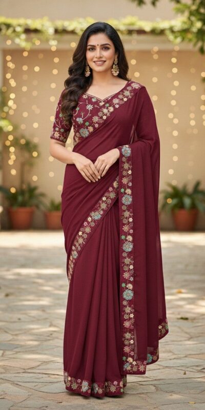 Pink Star Georgette Lace Embroidery Work Saree
