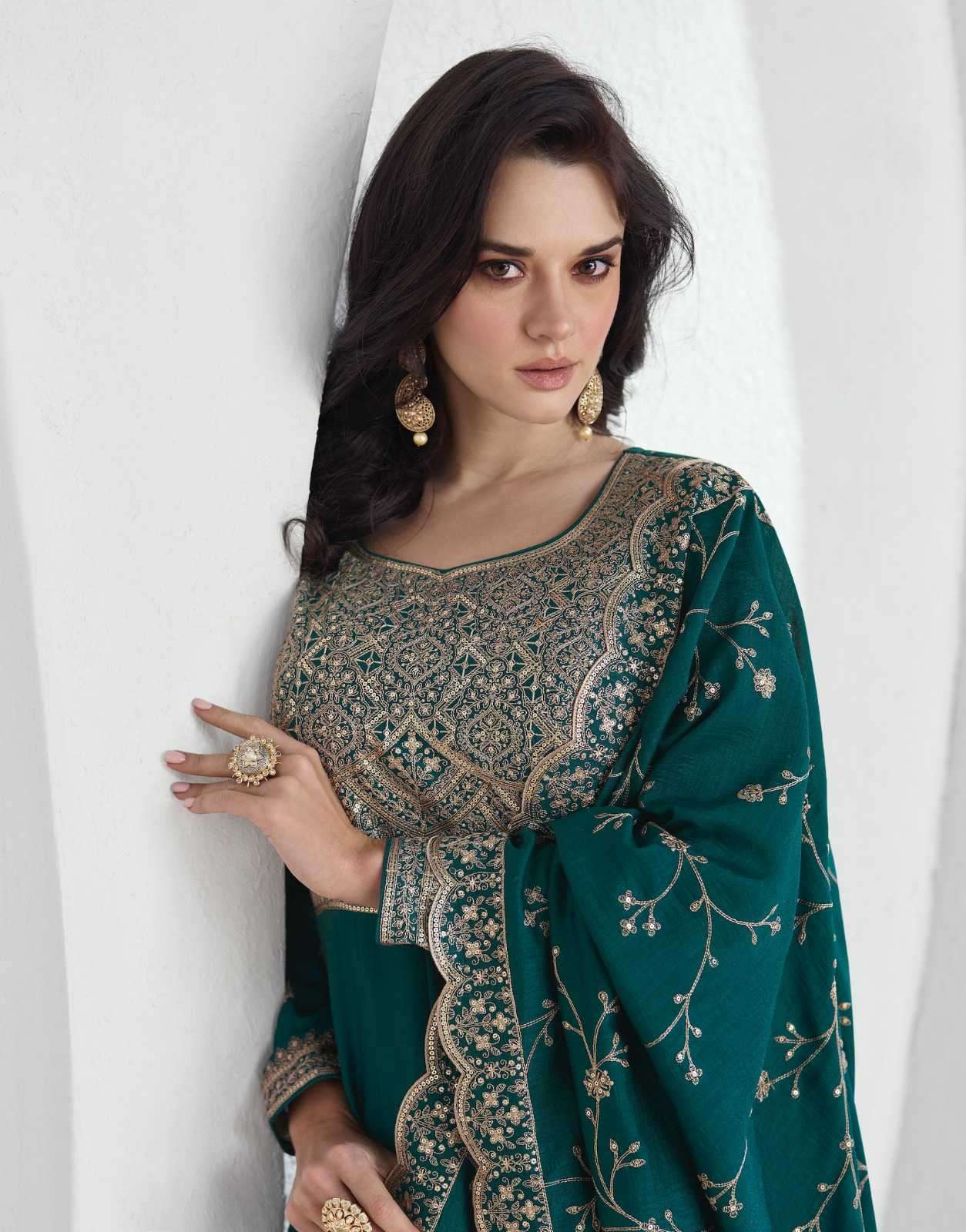 Teal Vichitra Embroidery Lace Work Salwar Suit - Image 2