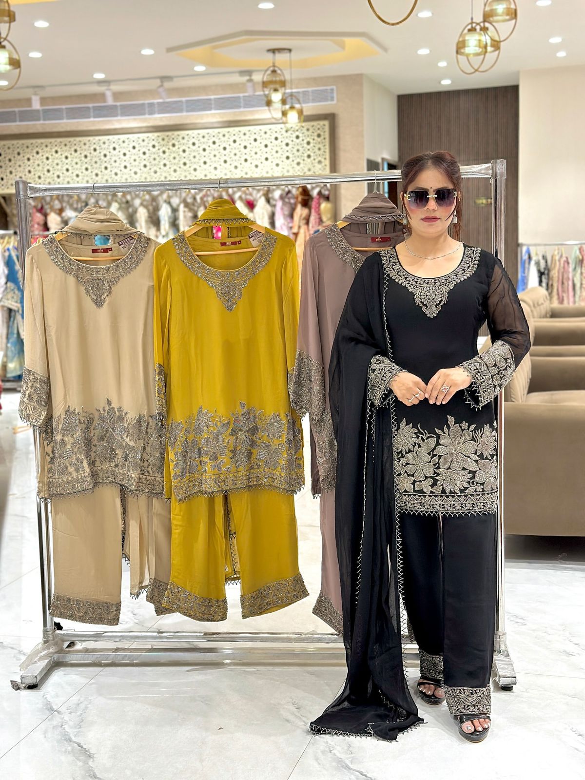 Black Faux Georgette Lace Embroidery Work Salwar Suit - Image 3