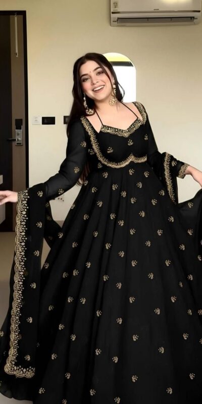 MF 1003 Black Georgette Gown. Perfect for Wedding, Party, Pongal, Bridal Wear, Anniversary – Affordable Price ₹1799. Delivery 4-6 Working Days. Shop now. | Bollywood Gowns, Creative Gowns, Designer Gowns, Embroidered Gowns, Gowns, Party Wear Gowns