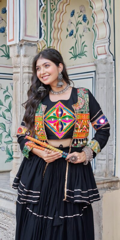 Ram 120 Black in Pure Cotton Mirror Work & Gamthi Work Lehenga Choli . Exclusive Offer ₹3049. Delivery 4-6 Working Days. Shop now. | Bollywood Lehenga, Creative Lehenga, Designer Lehenga, Embroidered Lehenga, Lehenga, Party Wear Lehenga