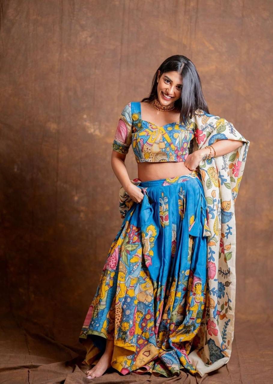 Blue Chent Crep Kalamkari Print Work Lehenga Choli - Image 3