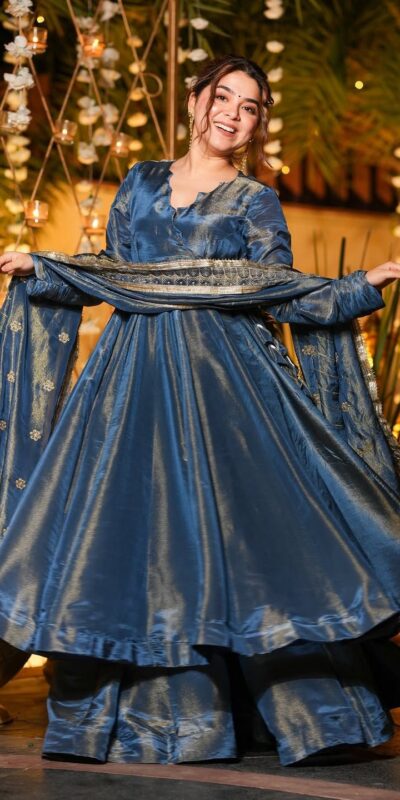 VLM 311 Blue Cosmos Silk Gown. Perfect for Wedding, Party, Baby Shower, Reception, Haldi – Now at just ₹2399. Delivery 4-6 Working Days. Shop now. | Bollywood Gowns, Creative Gowns, Designer Gowns, Embroidered Gowns, Gowns, Party Wear Gowns