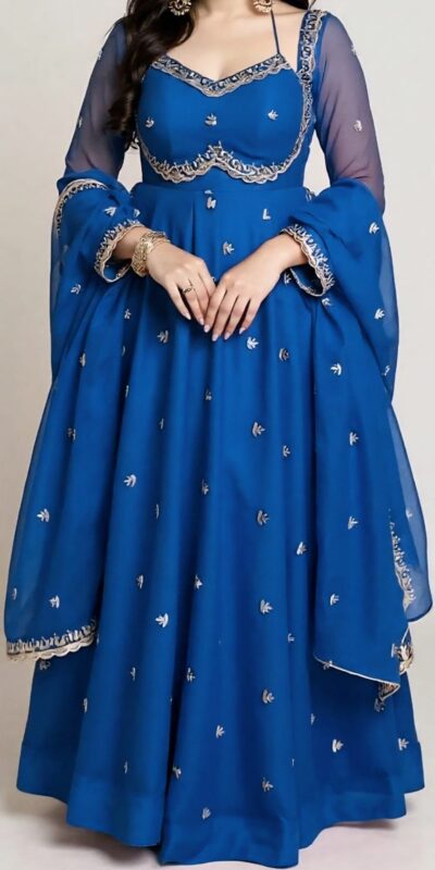 MF 1003 Blue Georgette Gown. Perfect for Wedding, Party, Pongal, Bridal Wear, Anniversary – Affordable Price ₹1799. Delivery 4-6 Working Days. Shop now. | Bollywood Gowns, Creative Gowns, Designer Gowns, Embroidered Gowns, Gowns, Party Wear Gowns