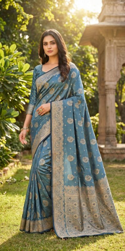 Blue Satin Silk Lace Zari Work Saree