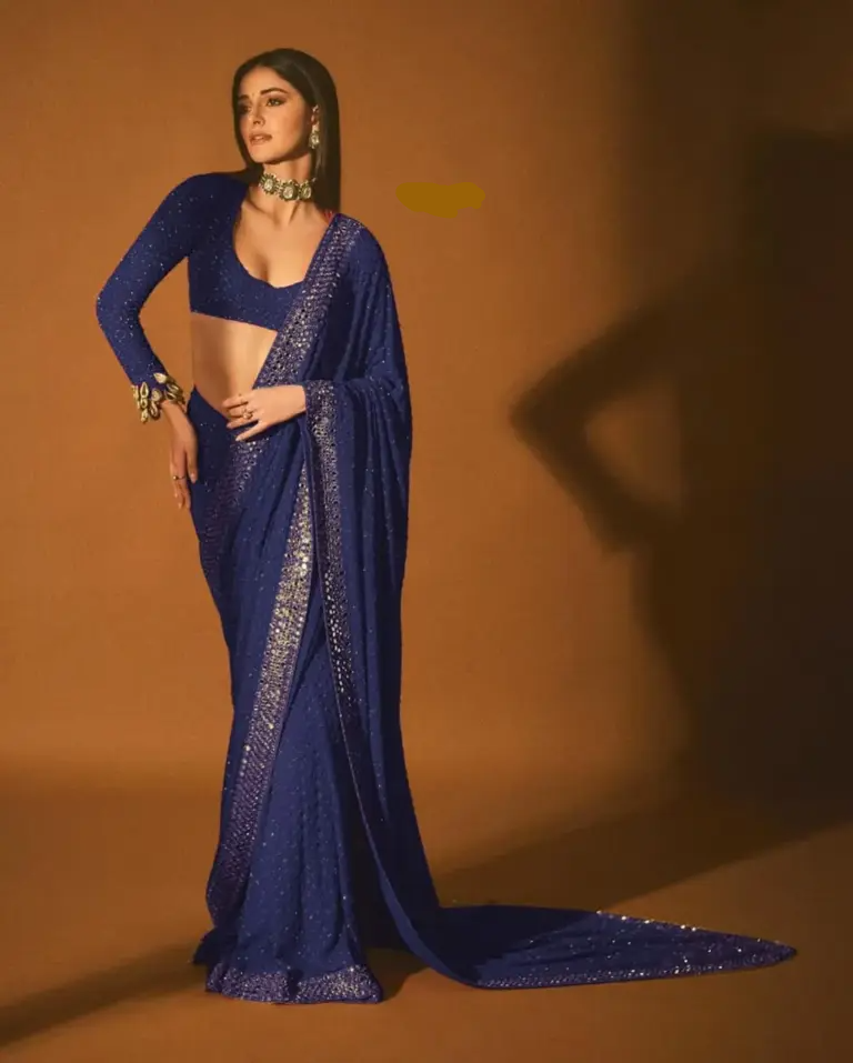 Navy Blue Faux Georgette Embroidery Mirror Work Saree