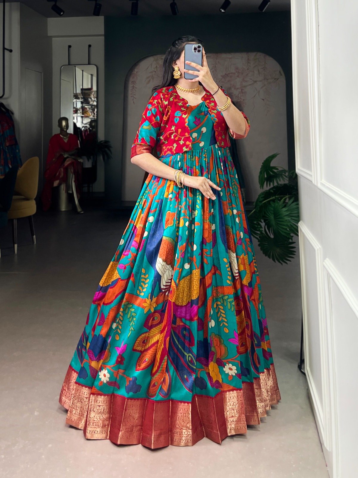 YNF 5035 Firozi in Taser Silk Zari Work & Kalamkari Print Gown . Available at ₹1799 only. Delivery 4-6 Working Days. Shop now. | Bollywood Gowns, Creative Gowns, Designer Gowns, Embroidered Gowns, Gowns, Party Wear Gowns