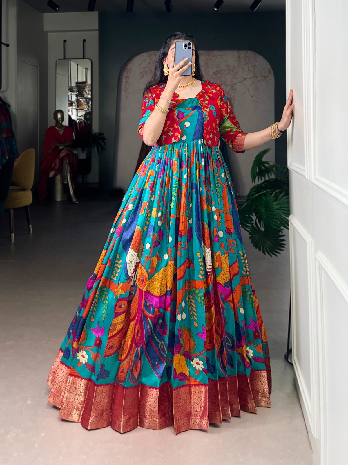 YNF 5035 Firozi in Taser Silk Zari Work & Kalamkari Print Gown . Available at ₹1799 only. Delivery 4-6 Working Days. Shop now. | Bollywood Gowns, Creative Gowns, Designer Gowns, Embroidered Gowns, Gowns, Party Wear Gowns