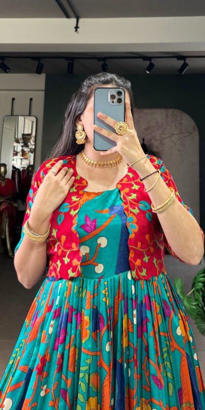 YNF 5035 Firozi in Taser Silk Zari Work & Kalamkari Print Gown . Available at ₹1799 only. Delivery 4-6 Working Days. Shop now. | Bollywood Gowns, Creative Gowns, Designer Gowns, Embroidered Gowns, Gowns, Party Wear Gowns