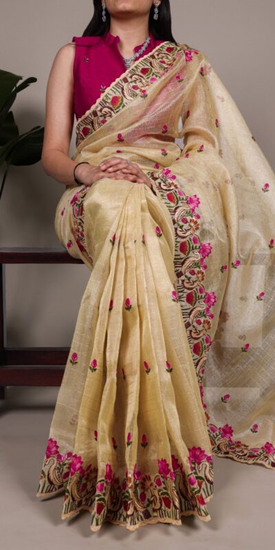 Gold Zari Kota Tissue Embroidery Zari Work Saree