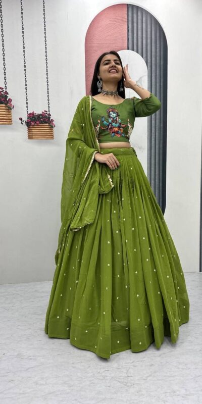 PC 541 Green Cotton Lehenga Choli with Kalamkari Print & Embroidery Work. Introductory Price ₹2099. Delivery 4-6 Working Days. Shop now. | Bollywood Lehenga, Creative Lehenga, Designer Lehenga, Embroidered Lehenga, Lehenga, Party Wear Lehenga