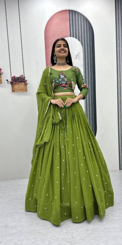 PC 541 Green Cotton Lehenga Choli with Kalamkari Print & Embroidery Work. Introductory Price ₹2099. Delivery 4-6 Working Days. Shop now. | Bollywood Lehenga, Creative Lehenga, Designer Lehenga, Embroidered Lehenga, Lehenga, Party Wear Lehenga