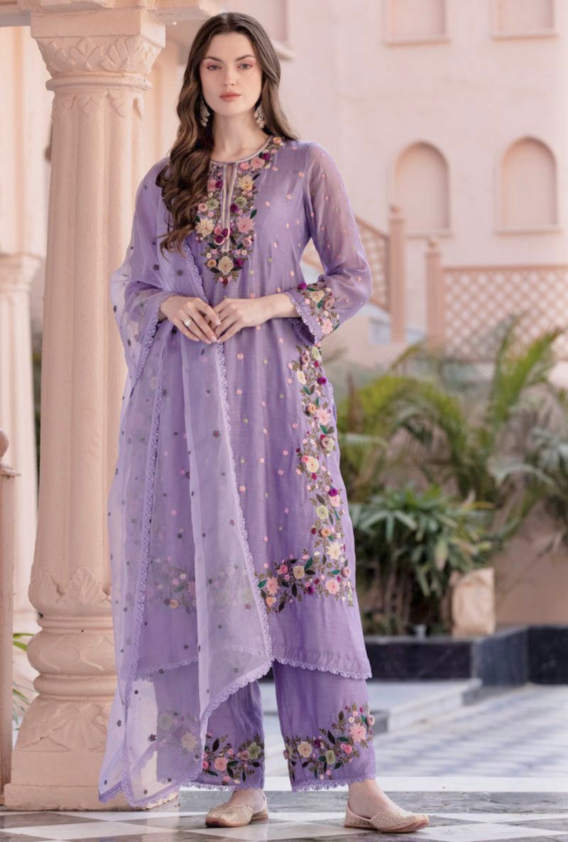 Lavender Faux Georgette Embroidery Lace Work Salwar Suit - Image 4