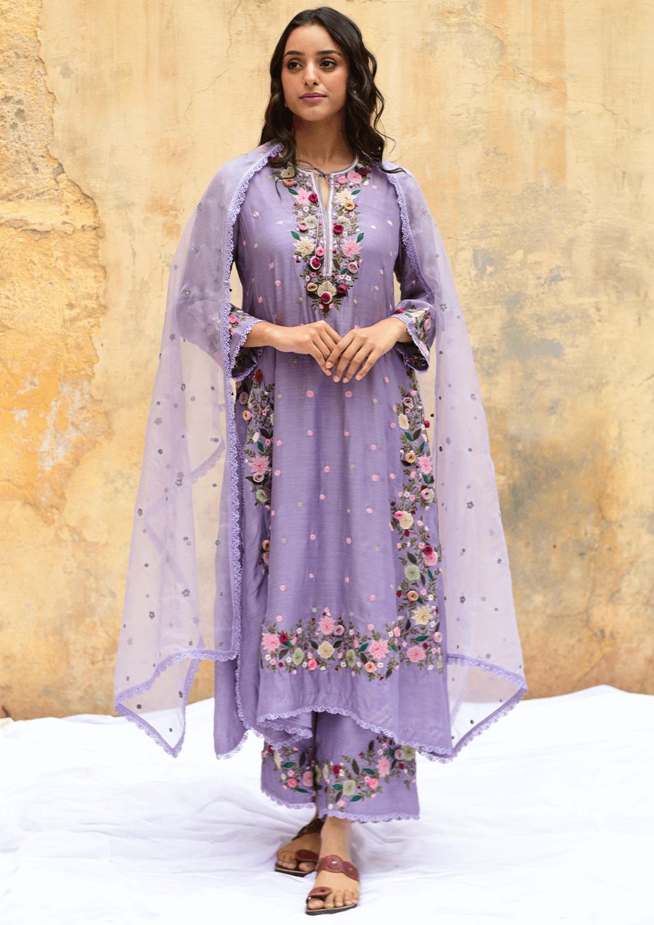 Lavender Faux Georgette Embroidery Lace Work Salwar Suit - Image 3