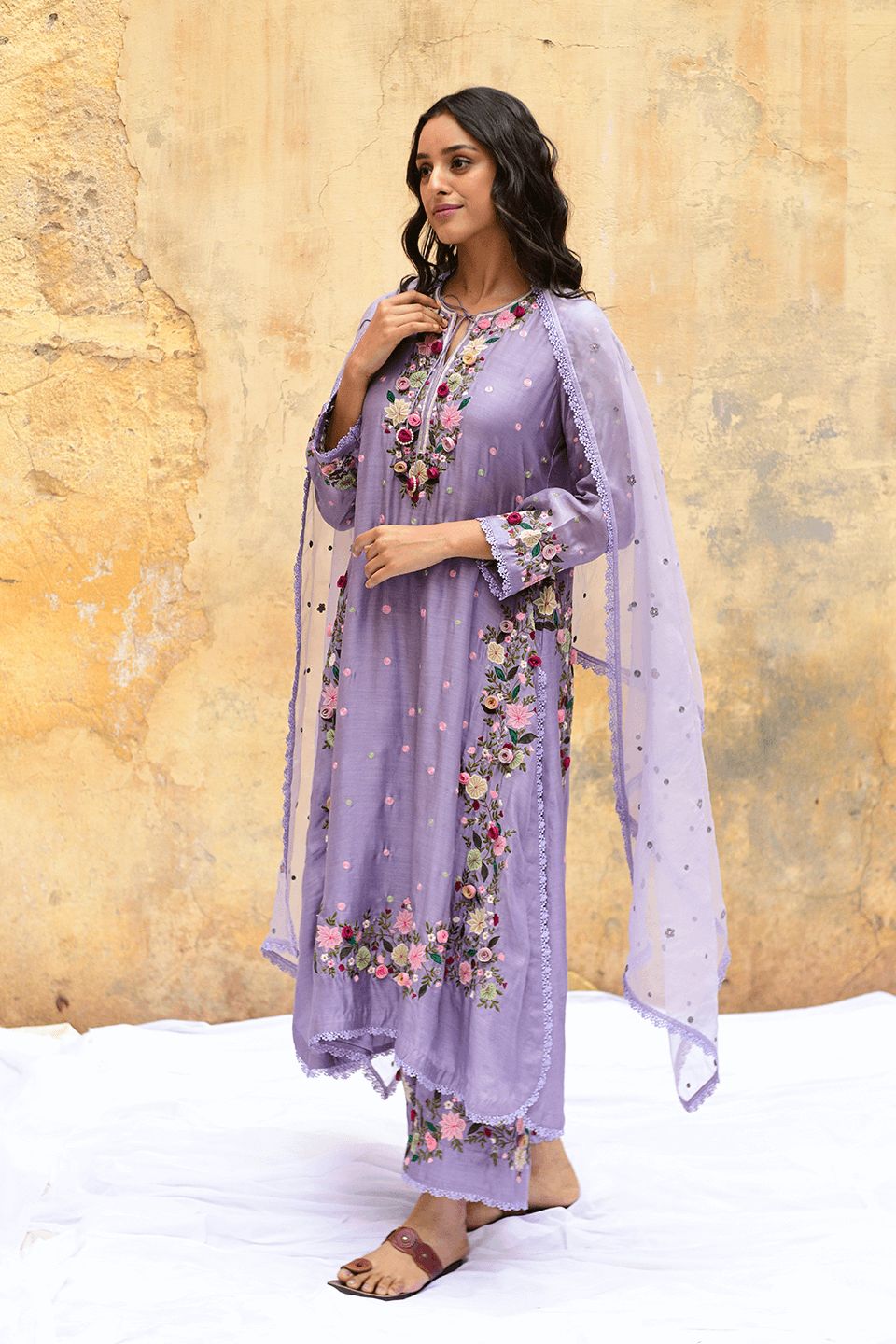 Lavender Faux Georgette Embroidery Lace Work Salwar Suit - Image 2