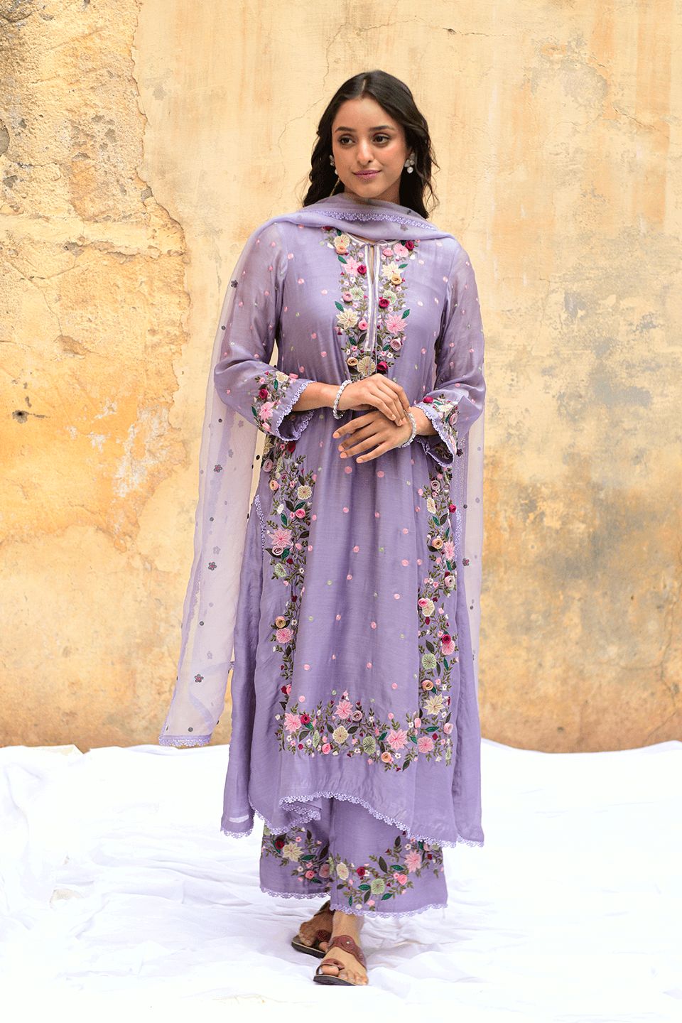 Lavender Faux Georgette Embroidery Lace Work Salwar Suit