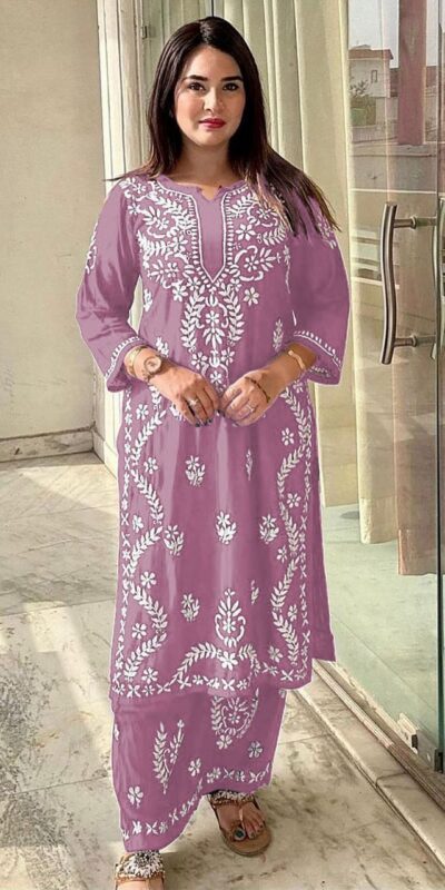Lavender Rayon Wid Lakhnavi  Style Work Kurti