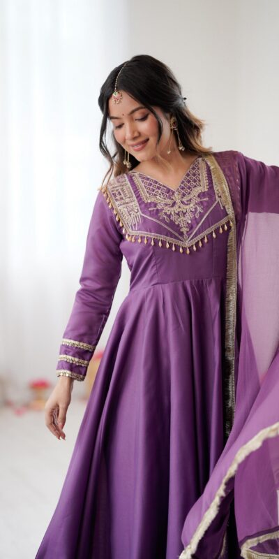 ZSR 3149 Lavender Roman silk Gown Perfect for Wedding, Party, Sangeet, Haldi, Lohri – . Introductory Price ₹2099. Delivery 4-6 Working Days. Shop now. | Bollywood Gowns, Creative Gowns, Designer Gowns, Embroidered Gowns, Gowns, Party Wear Gowns