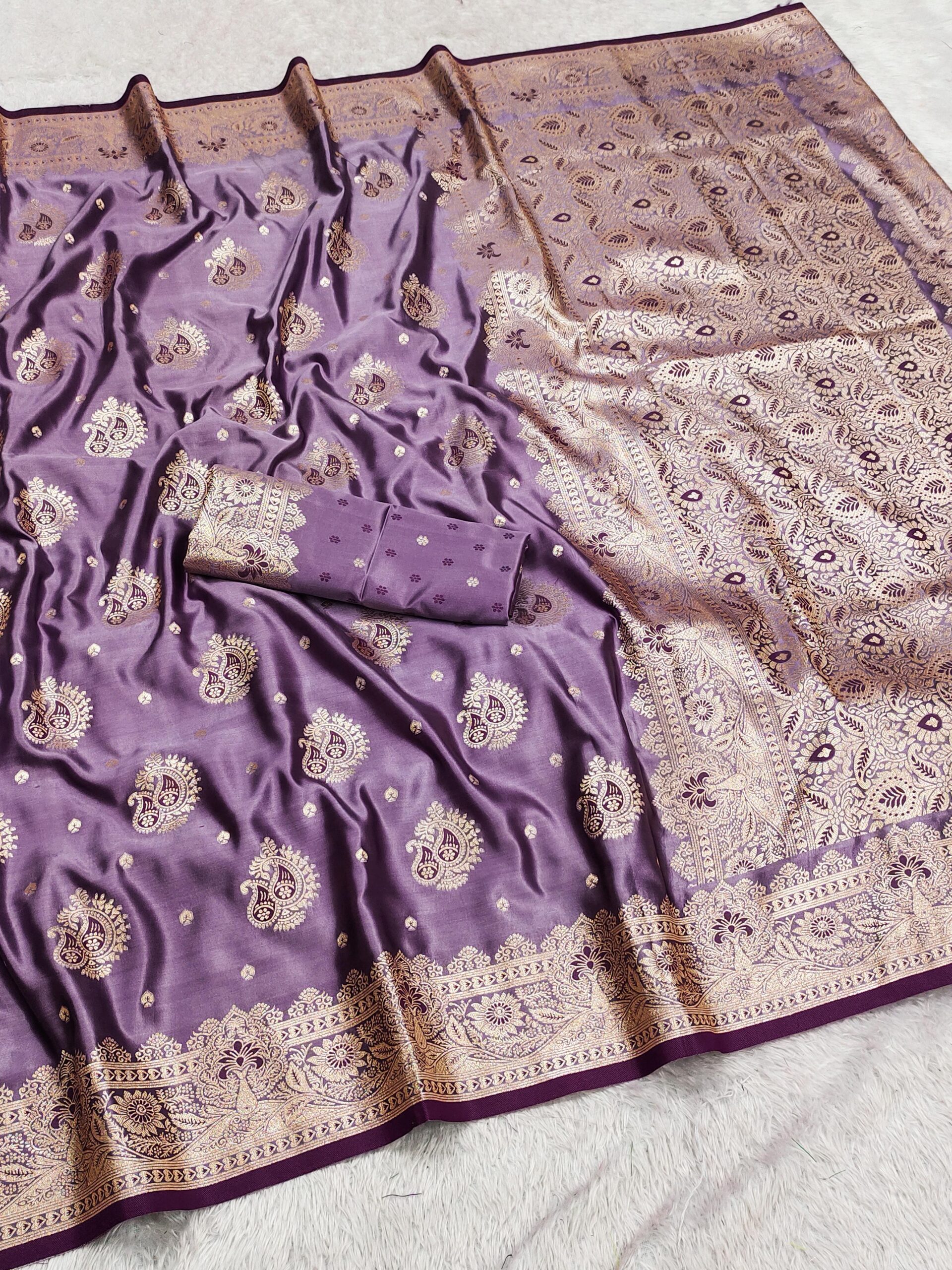 Lavender Satin Silk Lace Zari Work Saree - Image 2