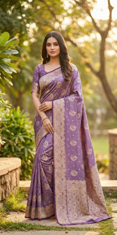 Lavender Satin Silk Lace Zari Work Saree