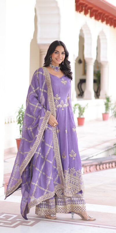 KA 1212 Lavender in Silver Crunchy Sequins Work & Embroidery Work Gown . Now at just ₹3199. Delivery 4-6 Working Days. Shop now. | Bollywood Gowns, Creative Gowns, Designer Gowns, Embroidered Gowns, Gowns, Party Wear Gowns