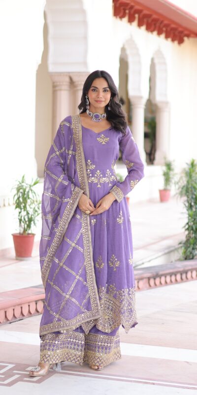 KA 1212 Lavender in Silver Crunchy Sequins Work & Embroidery Work Gown . Now at just ₹3199. Delivery 4-6 Working Days. Shop now. | Bollywood Gowns, Creative Gowns, Designer Gowns, Embroidered Gowns, Gowns, Party Wear Gowns