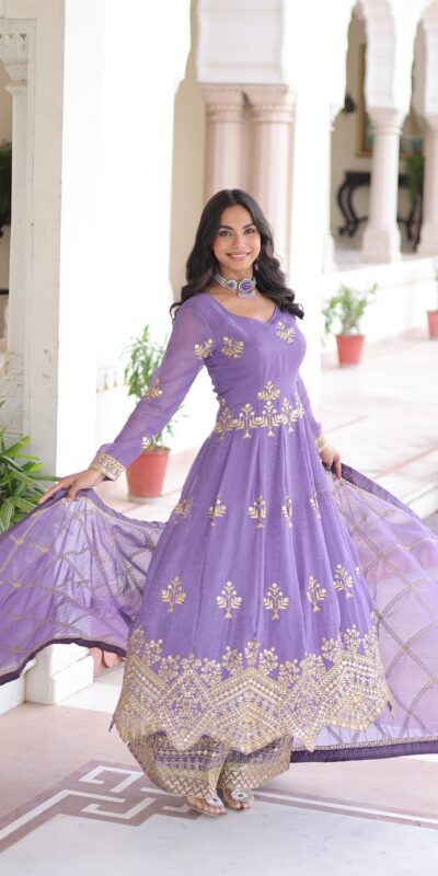 KA 1212 Lavender in Silver Crunchy Sequins Work & Embroidery Work Gown . Now at just ₹3199. Delivery 4-6 Working Days. Shop now. | Bollywood Gowns, Creative Gowns, Designer Gowns, Embroidered Gowns, Gowns, Party Wear Gowns