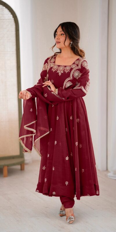 ZF 5011 Maroon Crunchy Silk Gown with Embroidery Work. Wedding, Party, Festive, Events Best Price ₹2099. Delivery 4-6 Working Days. Shop now. | Bollywood Gowns, Creative Gowns, Designer Gowns, Embroidered Gowns, Gowns, Party Wear Gowns