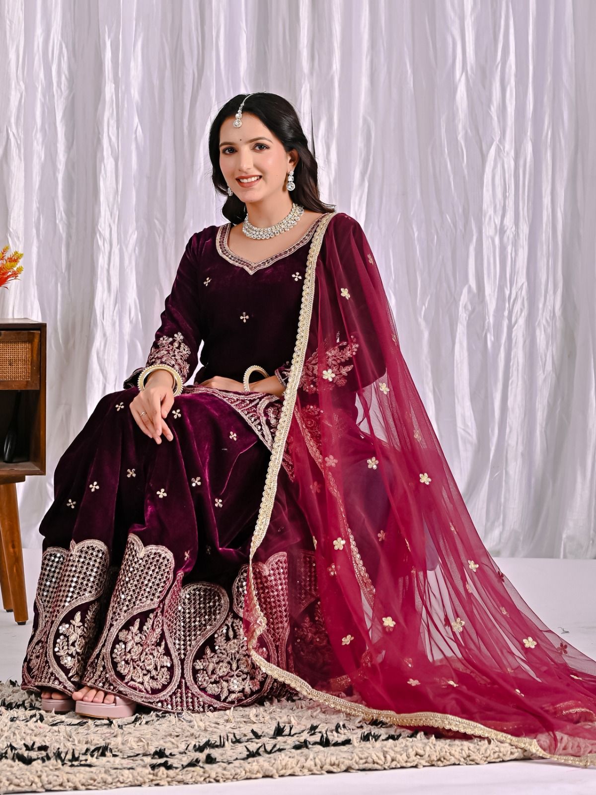 Maroon Pure Viscous Velvet Embroidery Work Salwar Suit - Image 11