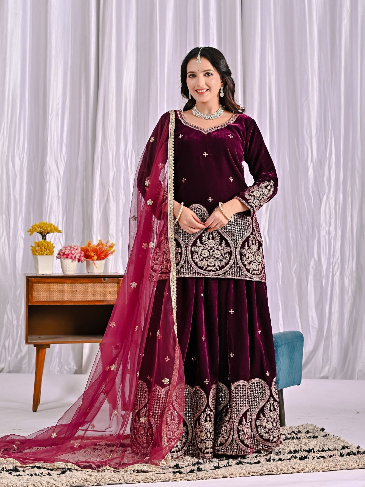 Maroon Pure Viscous Velvet Embroidery Work Salwar Suit - Image 2
