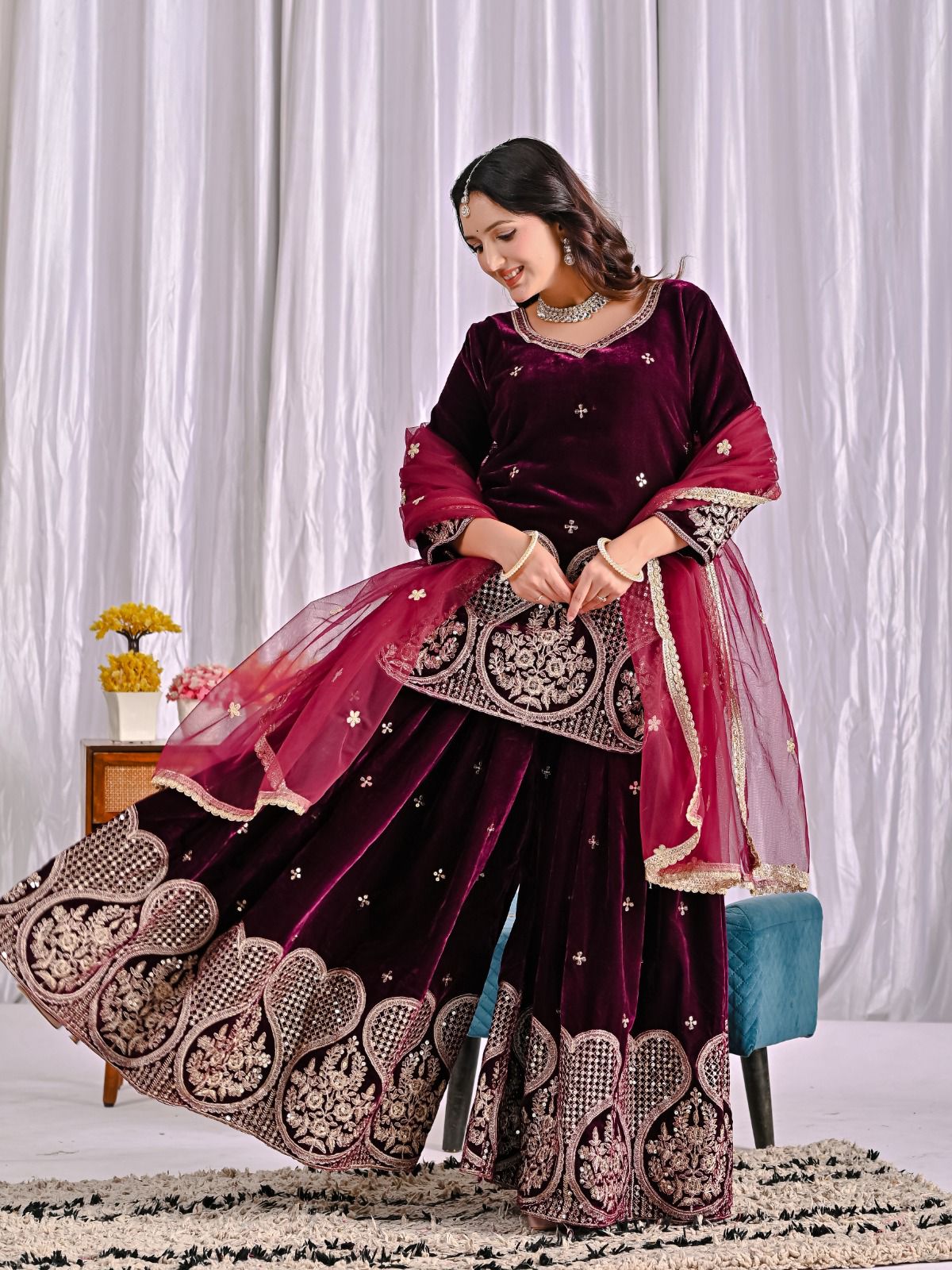 Maroon Pure Viscous Velvet Embroidery Work Salwar Suit - Image 9