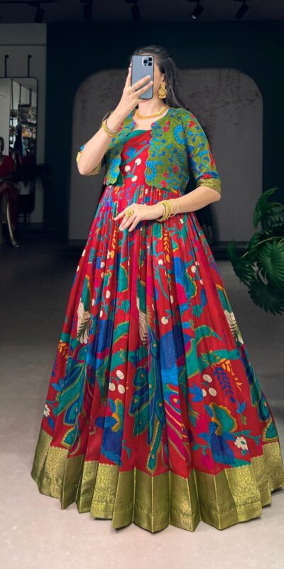 YNF 5035 Maroon in Taser Silk Zari Work & Kalamkari Print Gown . Available at ₹1799 only. Delivery 4-6 Working Days. Shop now. | Bollywood Gowns, Creative Gowns, Designer Gowns, Embroidered Gowns, Gowns, Party Wear Gowns