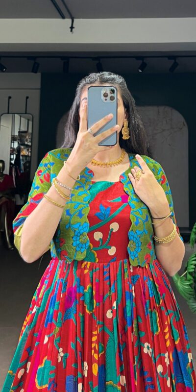 YNF 5035 Maroon in Taser Silk Zari Work & Kalamkari Print Gown . Available at ₹1799 only. Delivery 4-6 Working Days. Shop now. | Bollywood Gowns, Creative Gowns, Designer Gowns, Embroidered Gowns, Gowns, Party Wear Gowns